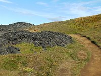 The path down eventually reaches soil and grass among the piles of dried lava.