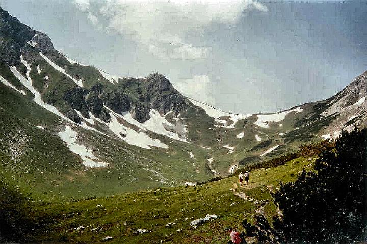 br80_amatschonjoch_b.jpg - Amatschonjoch from a distance in 1980, our first year in Brand. There was more snow that year than we have ever seen on later visits.