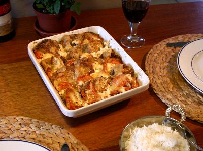 Eggplant, tomatoes, onions and cheese